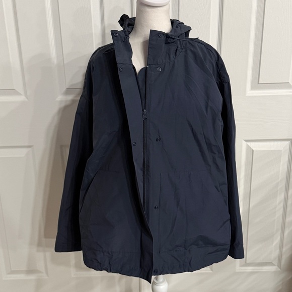 Eileen Fisher Jacket Navy Nylon Cotton Hood Relax Lagenlook Classic Minimal P/S - Picture 11 of 12